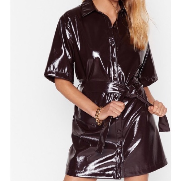 Nasty Gal Brown Vinyl Shirt Dress - Picture 3 of 3